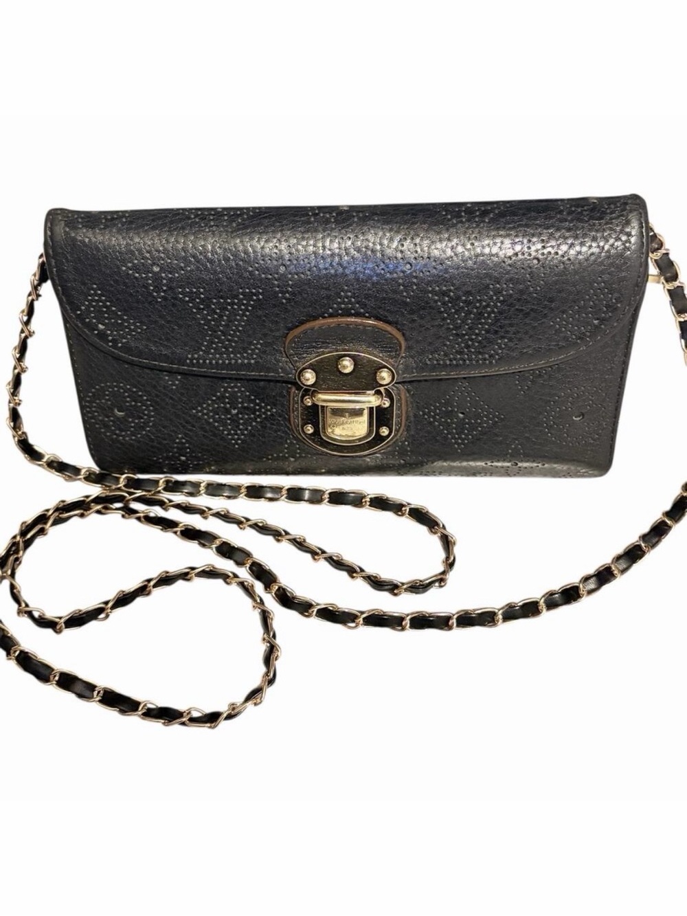 Louis Vuitton Mahina Amelia Wallet Black Noir Perforated Leather Gold Chain